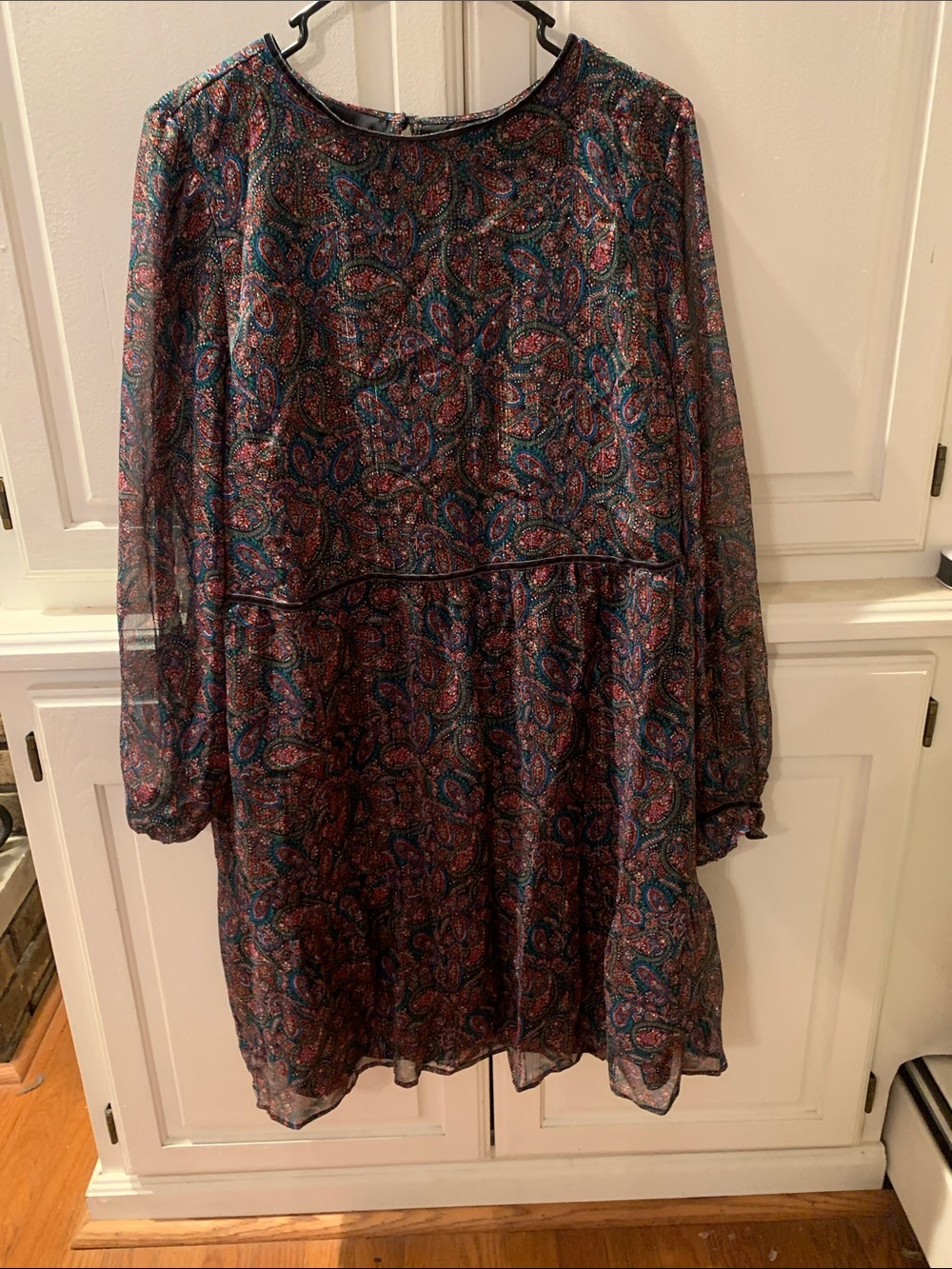LOFT Paisley Long-Sleeve Chiffon Dress in Navy, Teal, and Burgundy